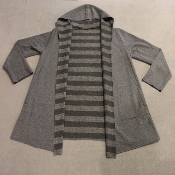 Gray Open Front Hooded Cardigan Sweater Jacket Long Sleeve Striped Lining Medium - Picture 1 of 6
